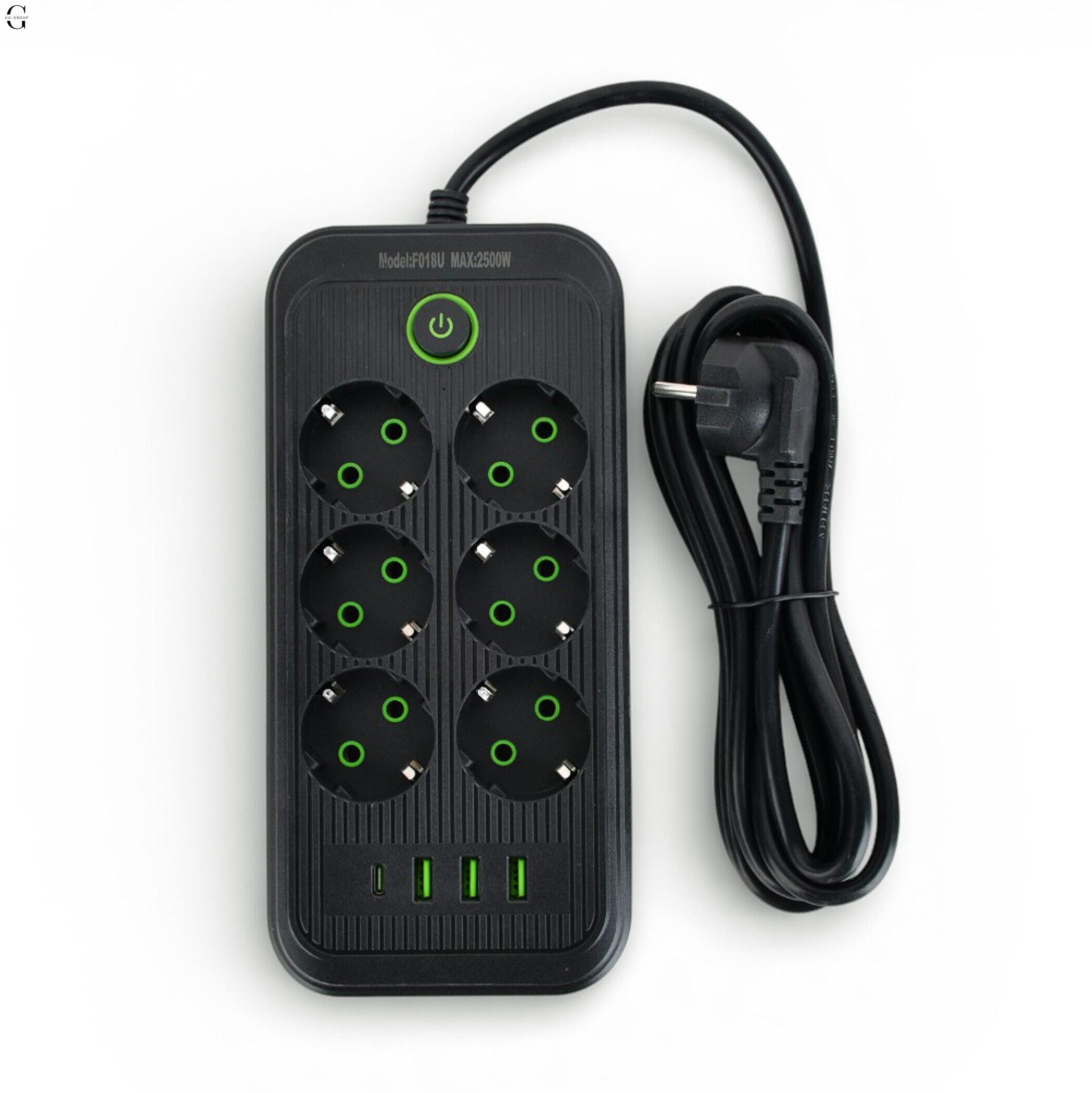 Підовжувач мережевий ТК-5 F06u 3м 6 розеток + 3USB + 1 Type-C, 2500Вт, чорний, із захистом та кріпленням