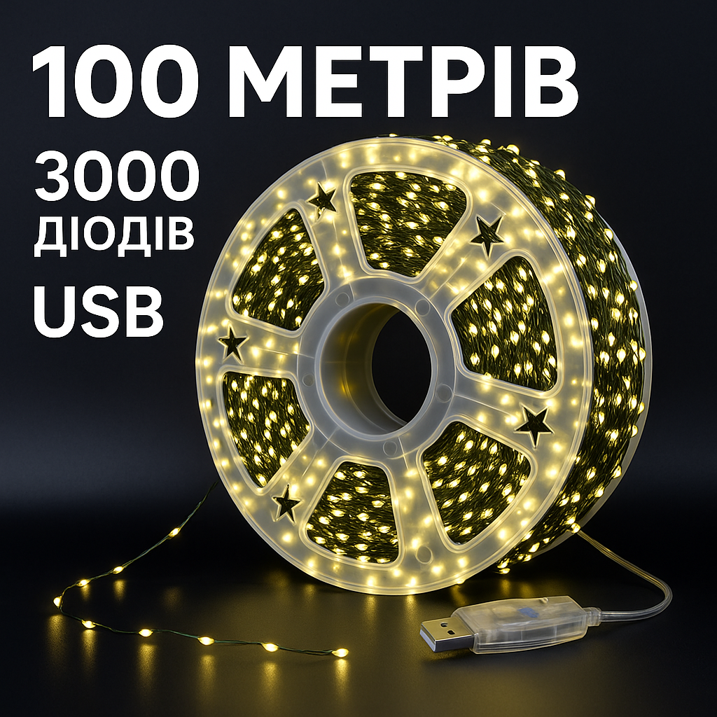 Гірлянда Роса Мішура 100м 3000 LED на зеленому медному дроті з пультом USB
