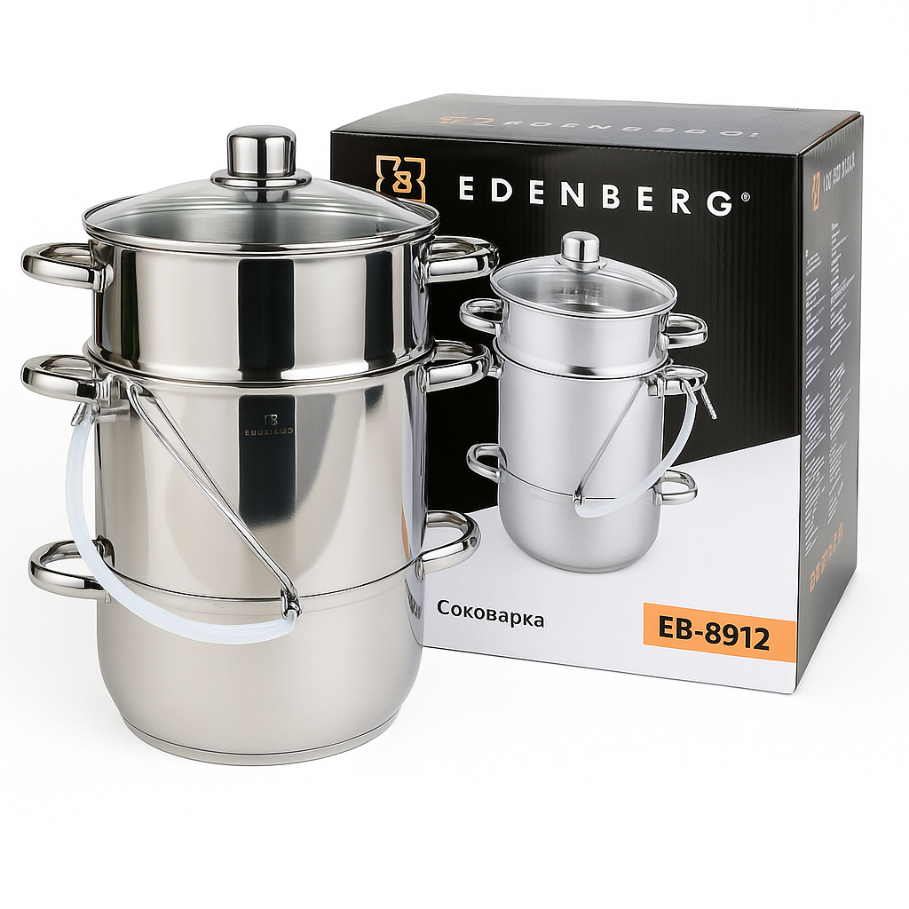 Соковарка Edenberg EB-8912 (8 л, Ø26 см) із нержавіючої сталі зі шлангом та скляною кришкою