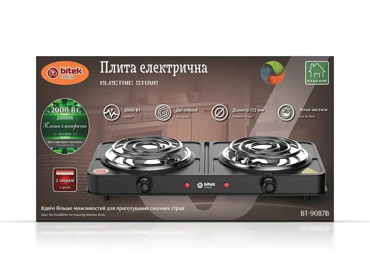 Електроплита настільна BITEK BT-9087B 2000 Вт на 2 спіральні конфорки з механічним керуванням