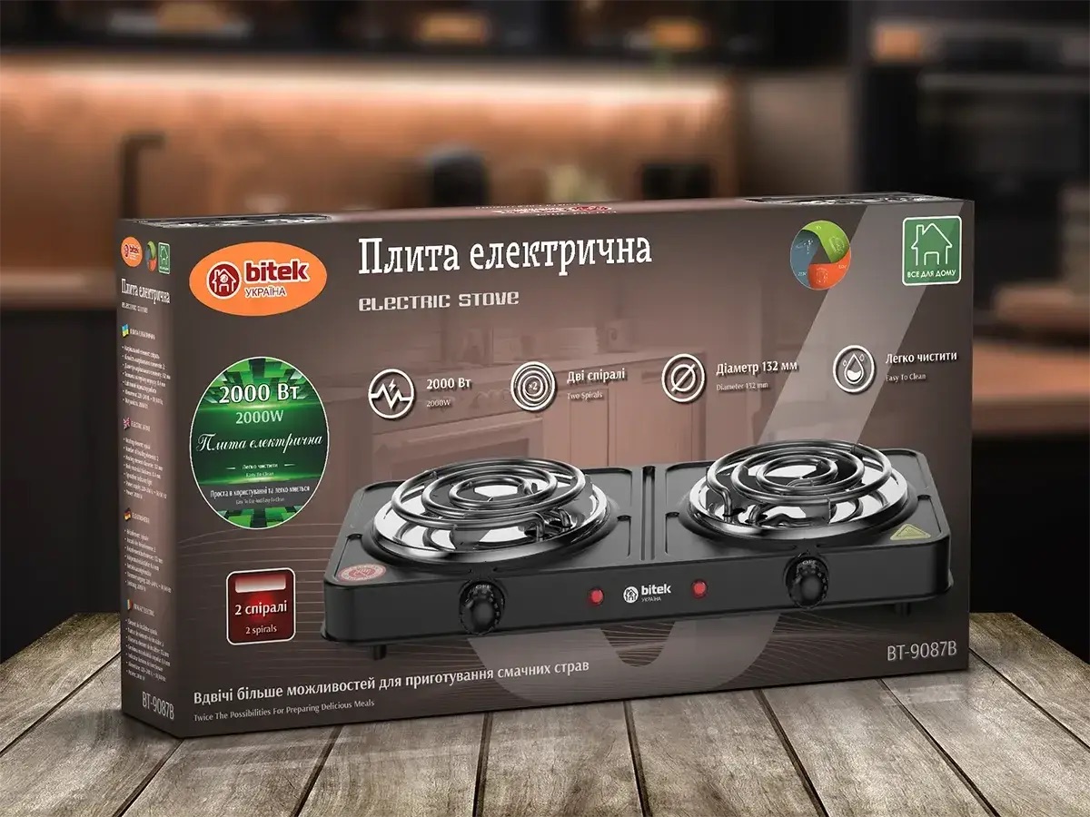 Електроплита настільна BITEK BT-9087B 2000 Вт на 2 спіральні конфорки з механічним керуванням