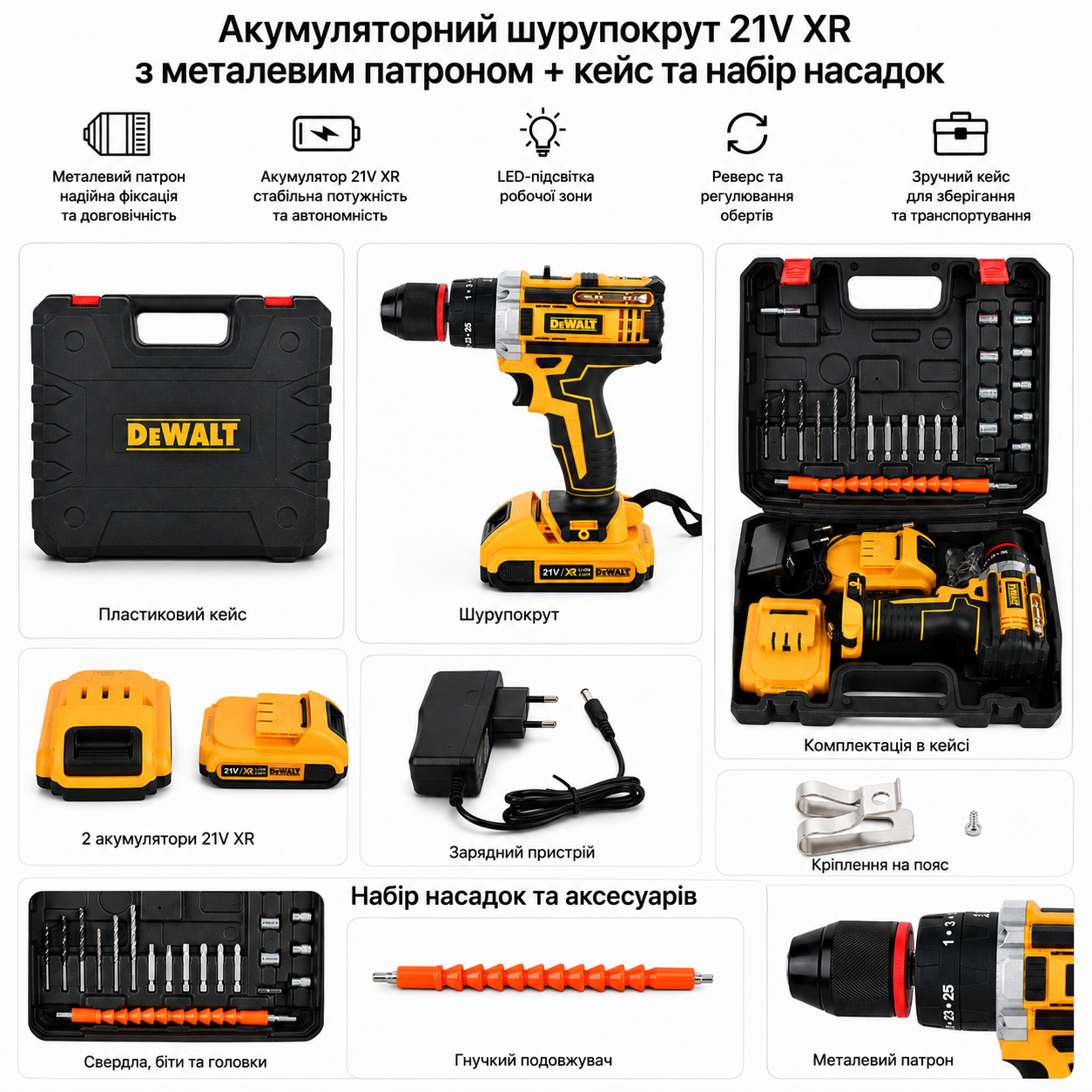 Шуруповерт DeWALT 21V Бесщеточный + 2 АКБ 20Ah + Металлический патрон + Набор инструментов