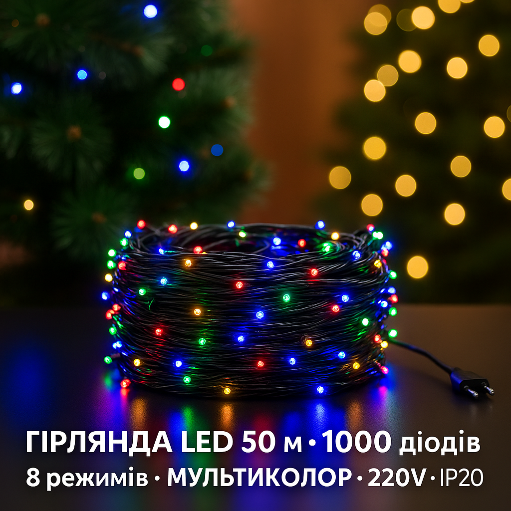 Светодиодная гирлянда Нить 1000 Led черная проволока 50 метров мультик