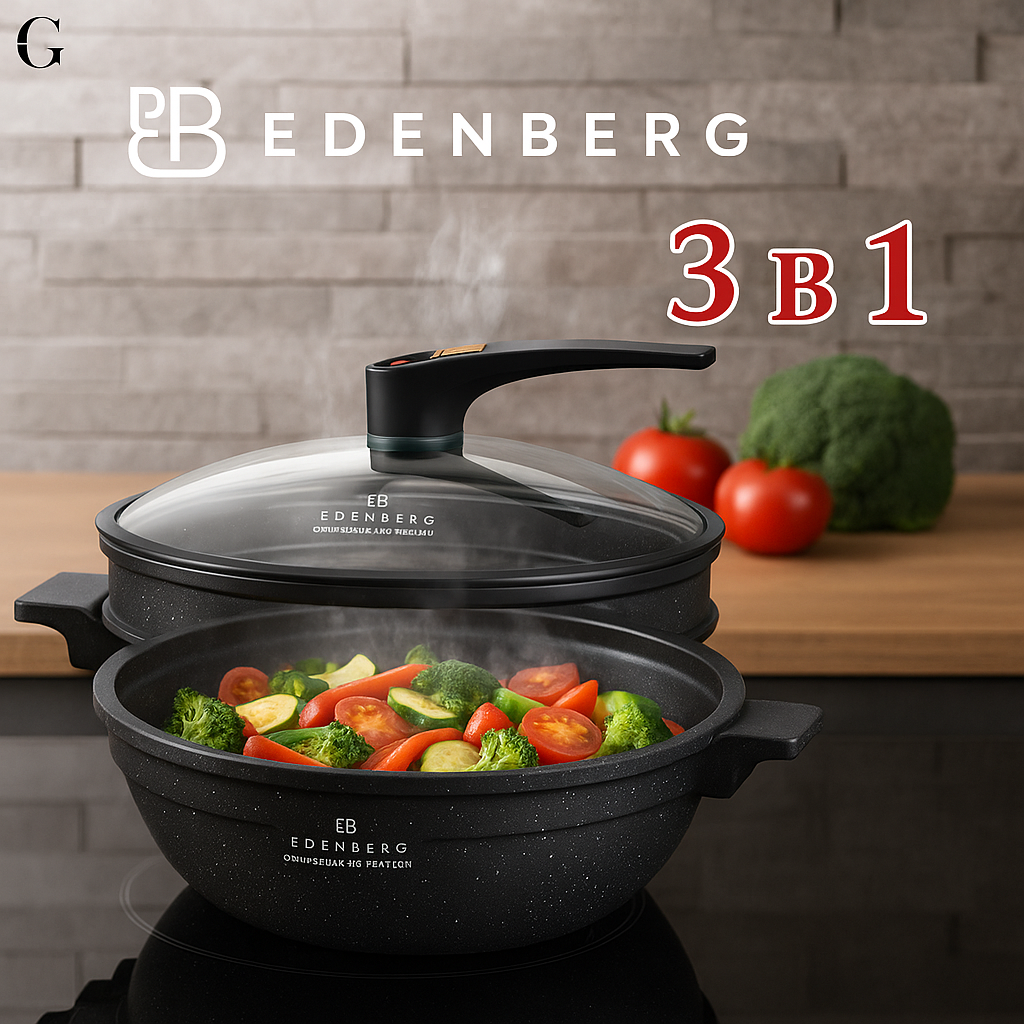 Сковорода Wok Edenberg EB-12112 (3 в 1, 32 см) с крышкой и корзиной для пара.