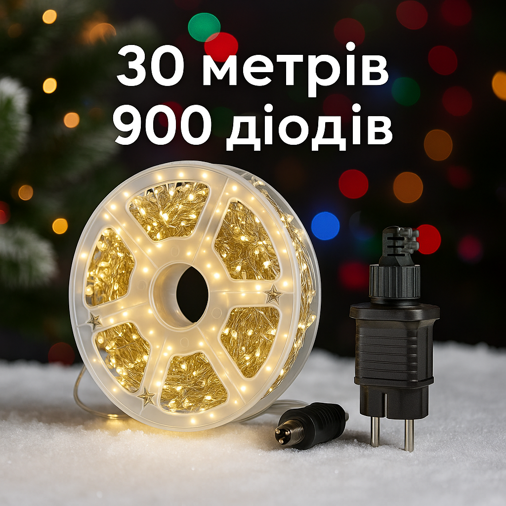 Гирлянда Роса мишура Капля 30 метров 900 LED светодиодная гирлянда в катушке медный провод 8 функций желтый