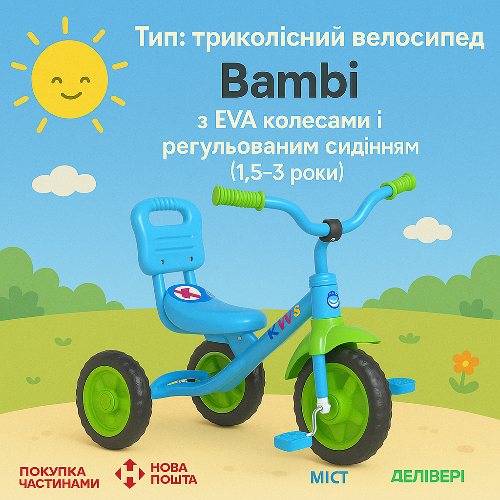 Триколісний дитячий велосипед Bambi з EVA колесами та регульованим сидінням (1,5–3 роки)