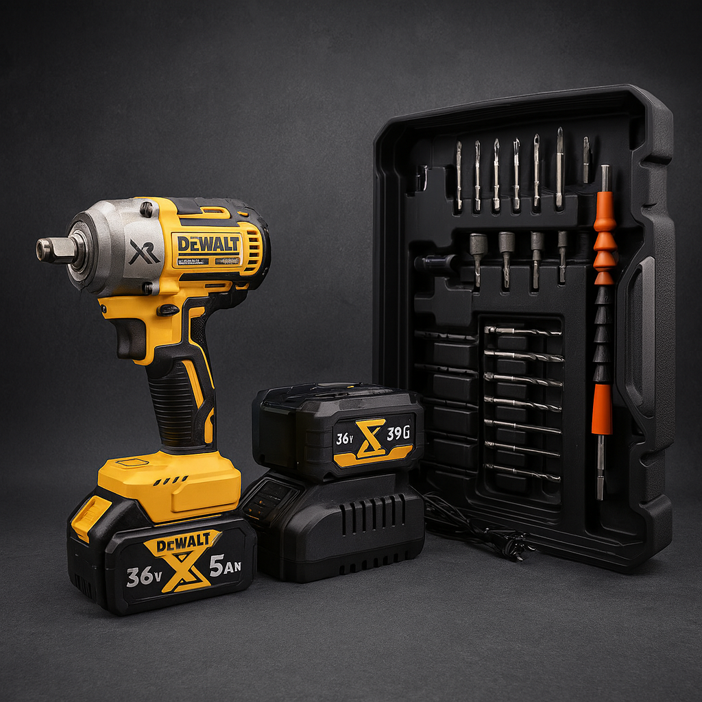 DeWALT гайковерт аккумуляторный 36V бесщеточный с кейсом, 2x5Ah аккумуляторами и набором насадок.