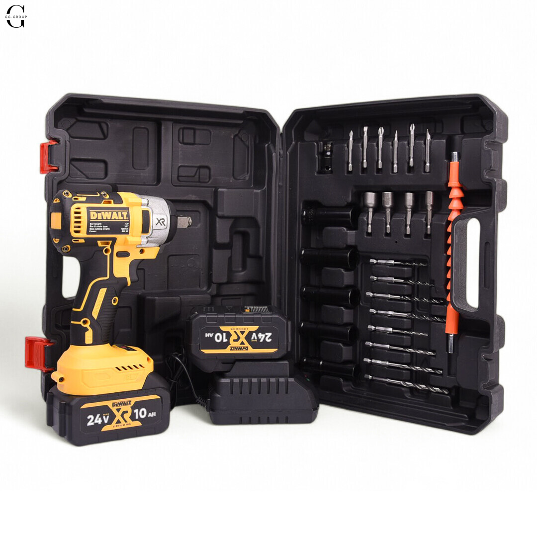 DeWALT гайковерт аккумуляторный 24V бесщеточный с кейсом, 2×10Ah аккумуляторами и набором насадок.