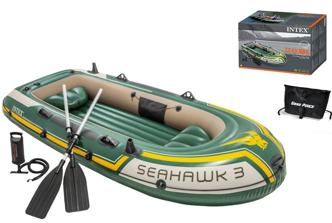 Надувная лодка Intex Seahawk 3 68380, трехместная, 295×137×43 см, 300 кг, с веслами и насосом