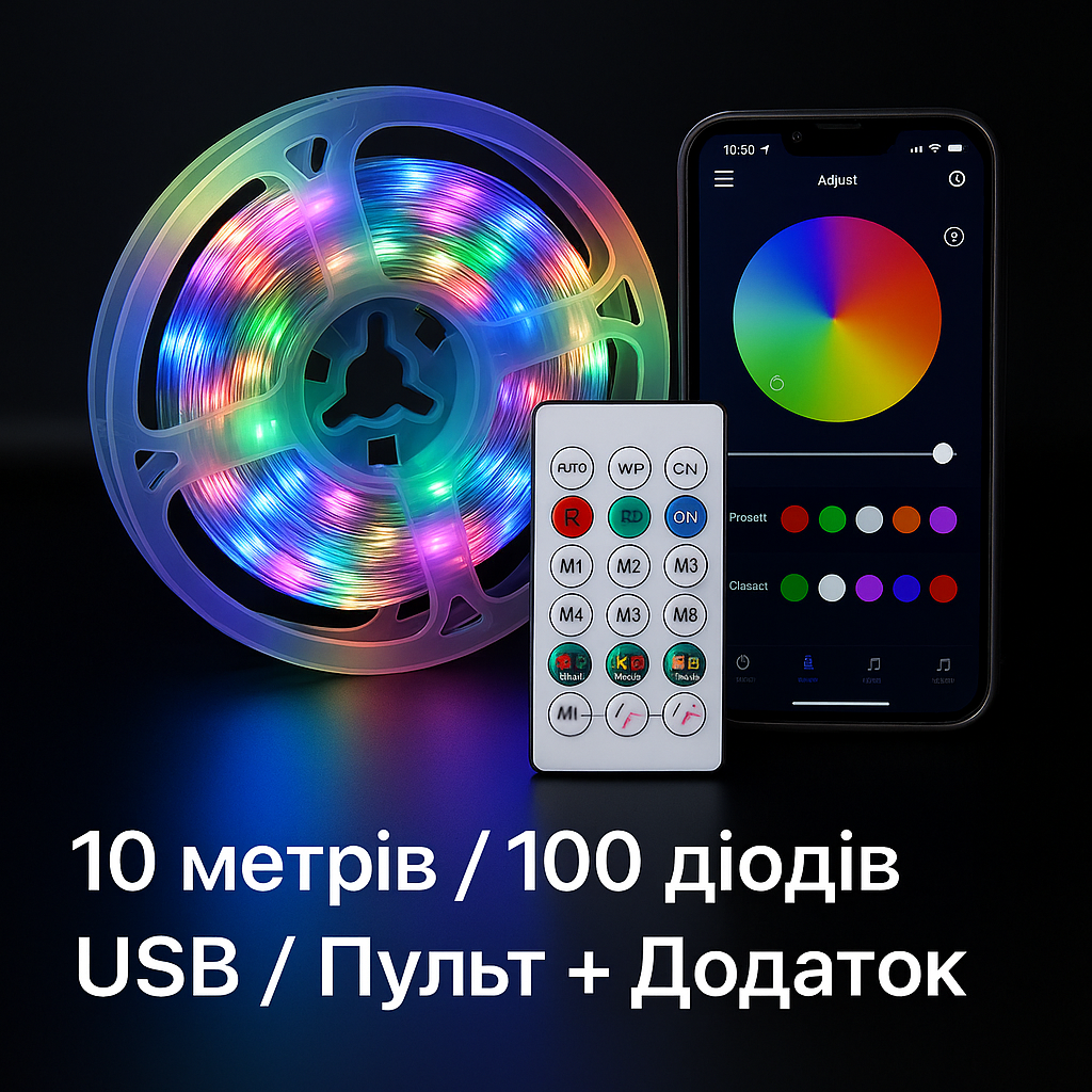 Светодиодная гирлянда-лента RGB - 10 метров, 100 диодов, USB (без адаптера), пульт.