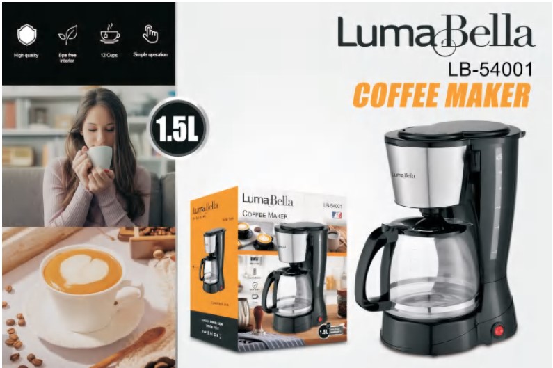 Крапельна кофеварка LumaBella LB-54001, 800 Вт, 12 чашок, знімний фільтр, функція підігріву, захист від перегріву