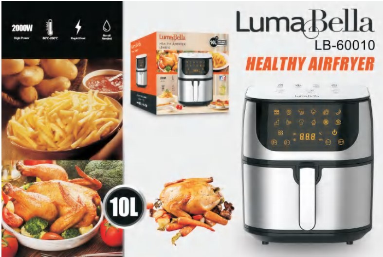Аерофритюрниця LumaBella LB-60010, 10 л, 2000 Вт, антипригарне покриття, таймер 60 хв, захист від перегріву