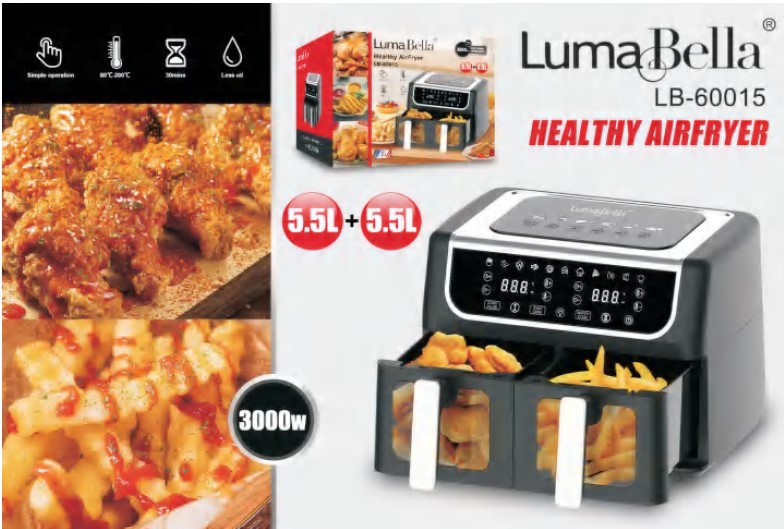 Аерофритюрниця LumaBella LB-60015, 5.5 л+5.5 л, 3000 Вт, антипригарне покриття, таймер, регулювання температури