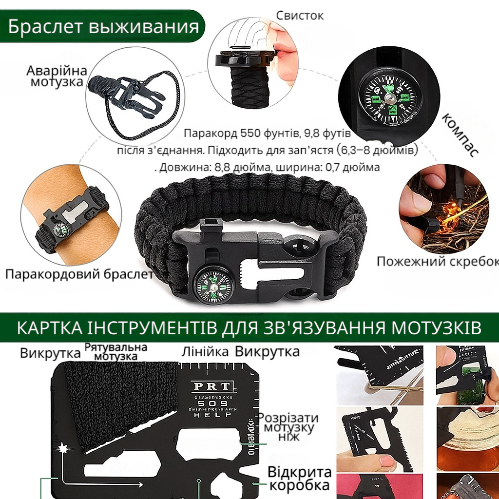 Практичний набір для виживання 57в1 з аптечкою у футлярі, інструменти та спорядження в комплекті