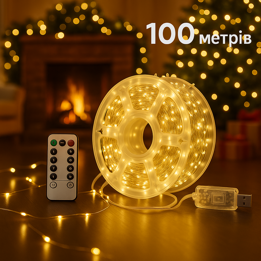 Гирлянда Роса 100 метров 1000 LED светодиодная гирлянда в катушке медный 8 функций + пульт желтый USB