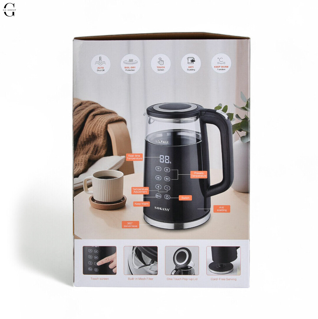 Стеклянный электрочайник Sokany SK-09050 с поддержкой температуры.