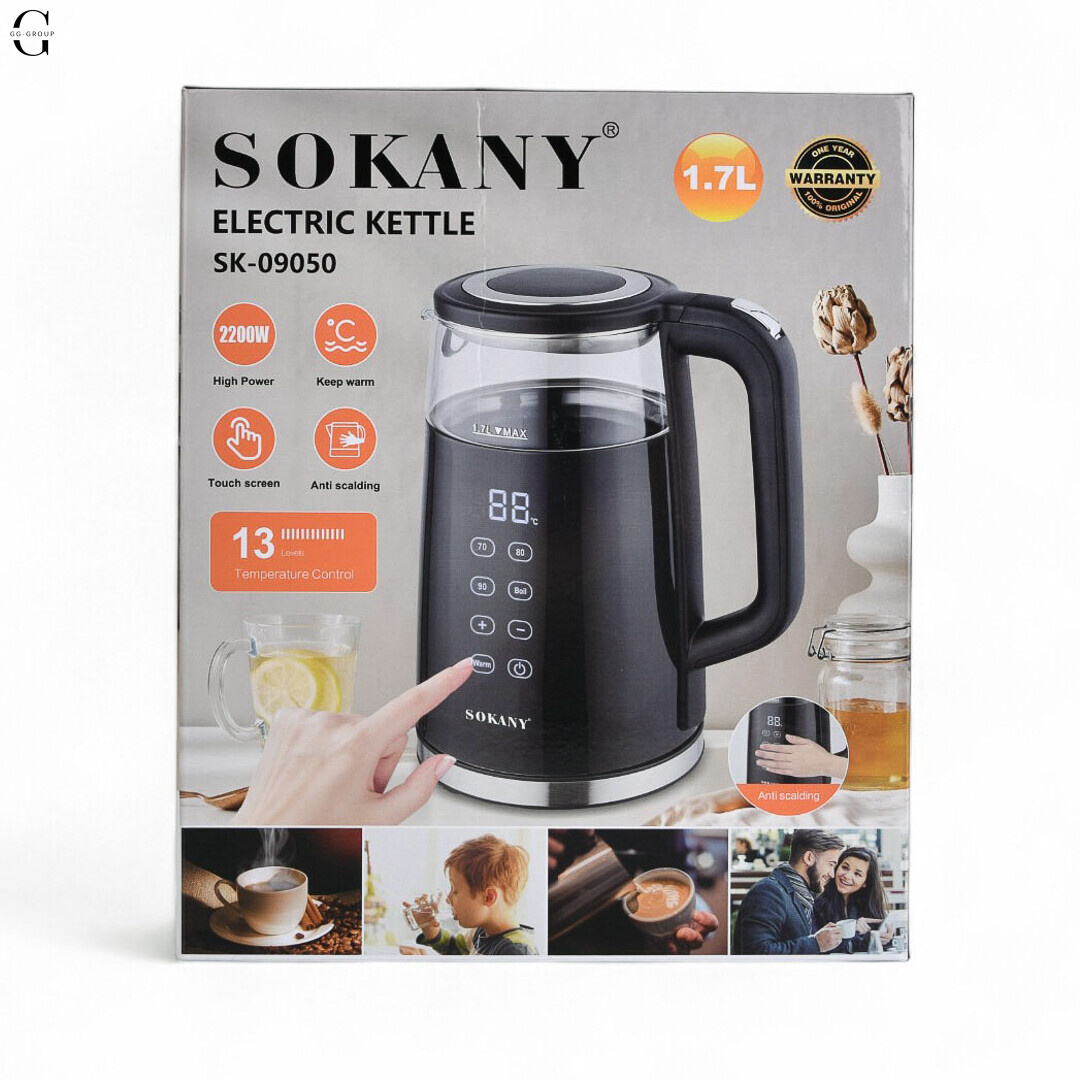 Стеклянный электрочайник Sokany SK-09050 с поддержкой температуры.