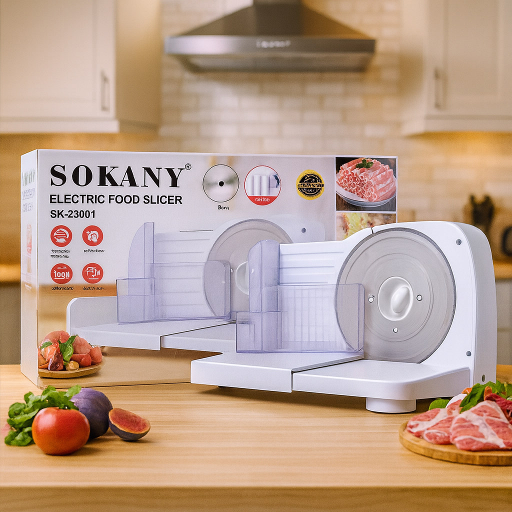 Электрический слайсер Sokany SK-23001 150Вт с регулировкой толщины и стальным лезвием.