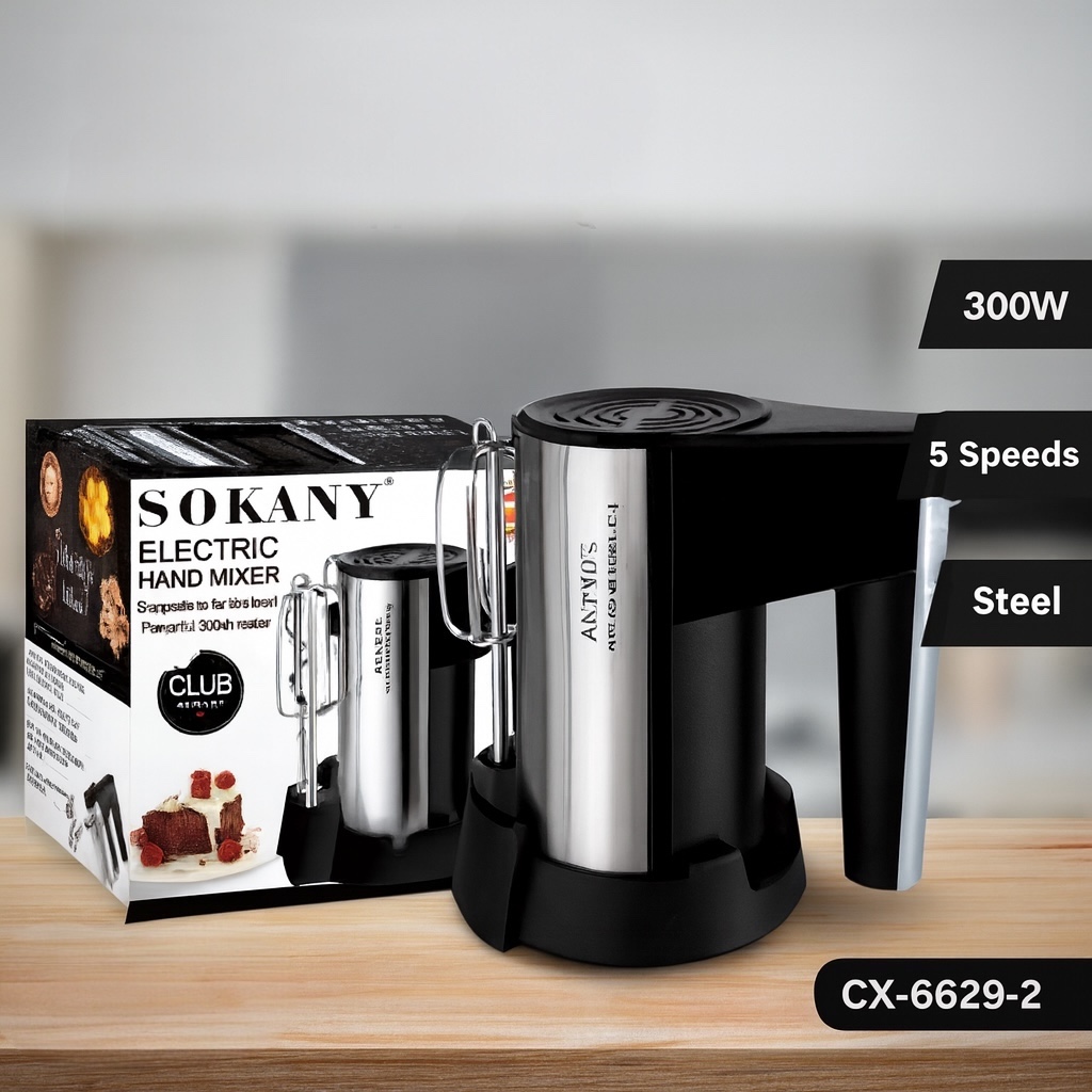 Электрический ручной миксер Sokany CX-6629-2 300Вт, 5 скоростей, стальной корпус + насадки