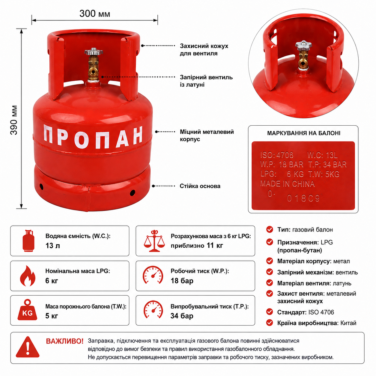 Газовий балон для пропан-бутану LPG 13 л, 6 кг