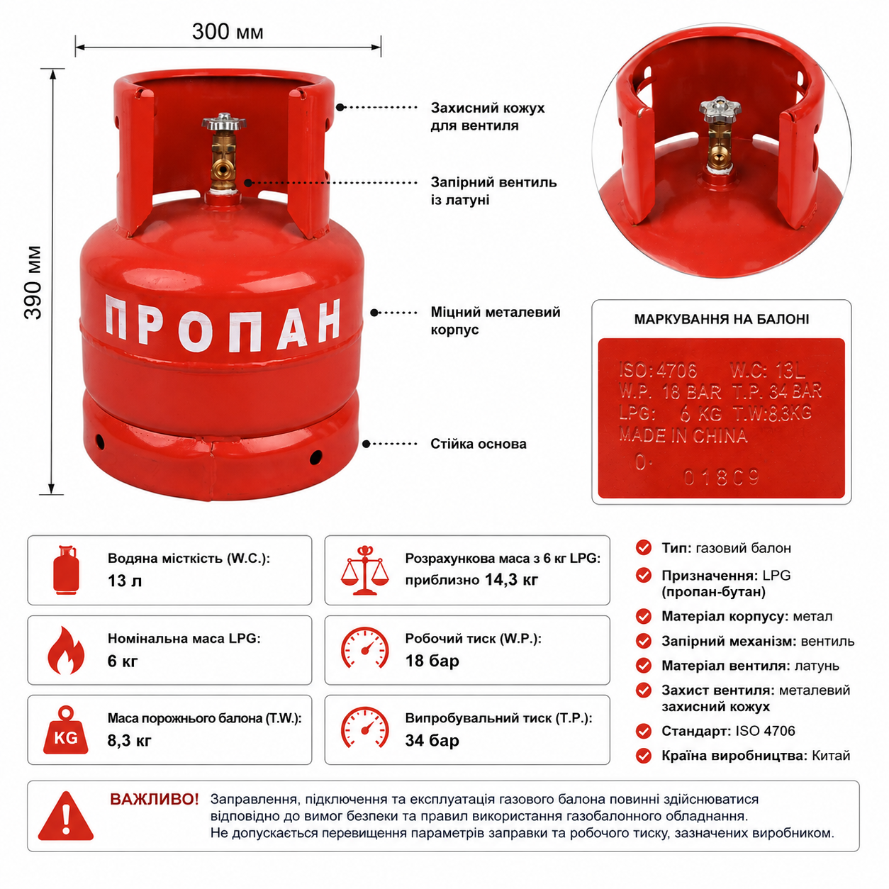 Газовий балон для пропан-бутану LPG 13 л, 6 кг