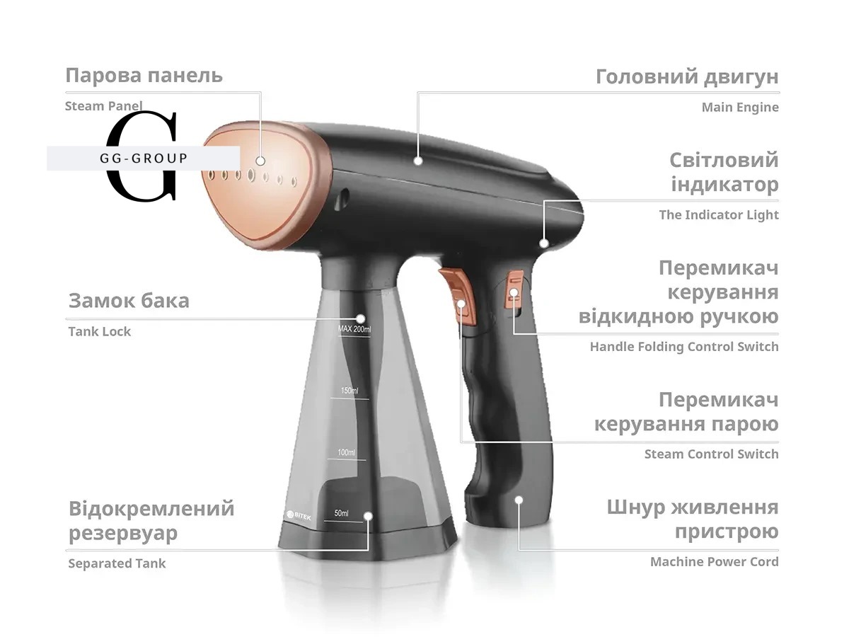 Відпарювач ручний зі складною ручкою 1600Вт 200мл BITEK BT-1277B