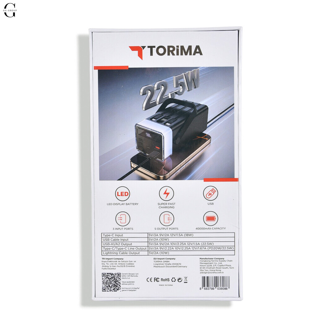 Power Bank Torima TRM-1041 40000mAh 22.5W Fast Charge с LED-дисплеем и 5 выходами.