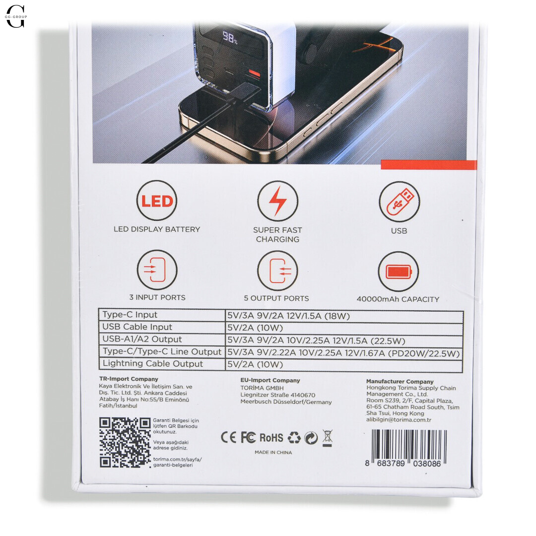 Power Bank Torima TRM-1041 40000mAh 22.5W Fast Charge с LED-дисплеем и 5 выходами.