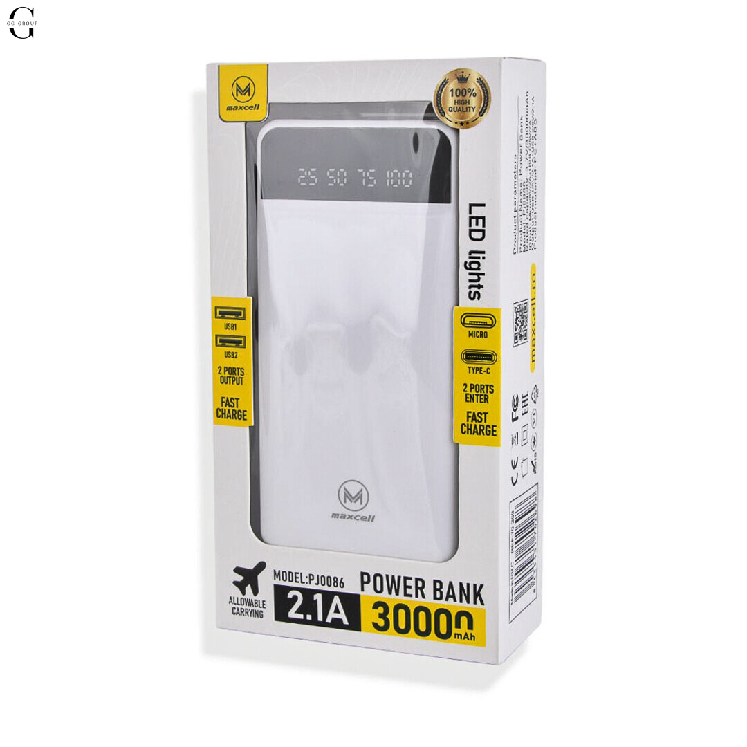 Power Bank MAXCELL 30000mAh PJ0086B J91B, внешний аккумулятор 2.1A с LED-индикатором