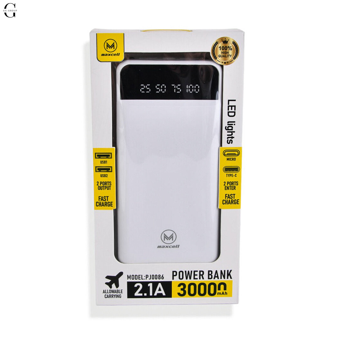 Power Bank MAXCELL 30000mAh PJ0086B J91B, внешний аккумулятор 2.1A с LED-индикатором