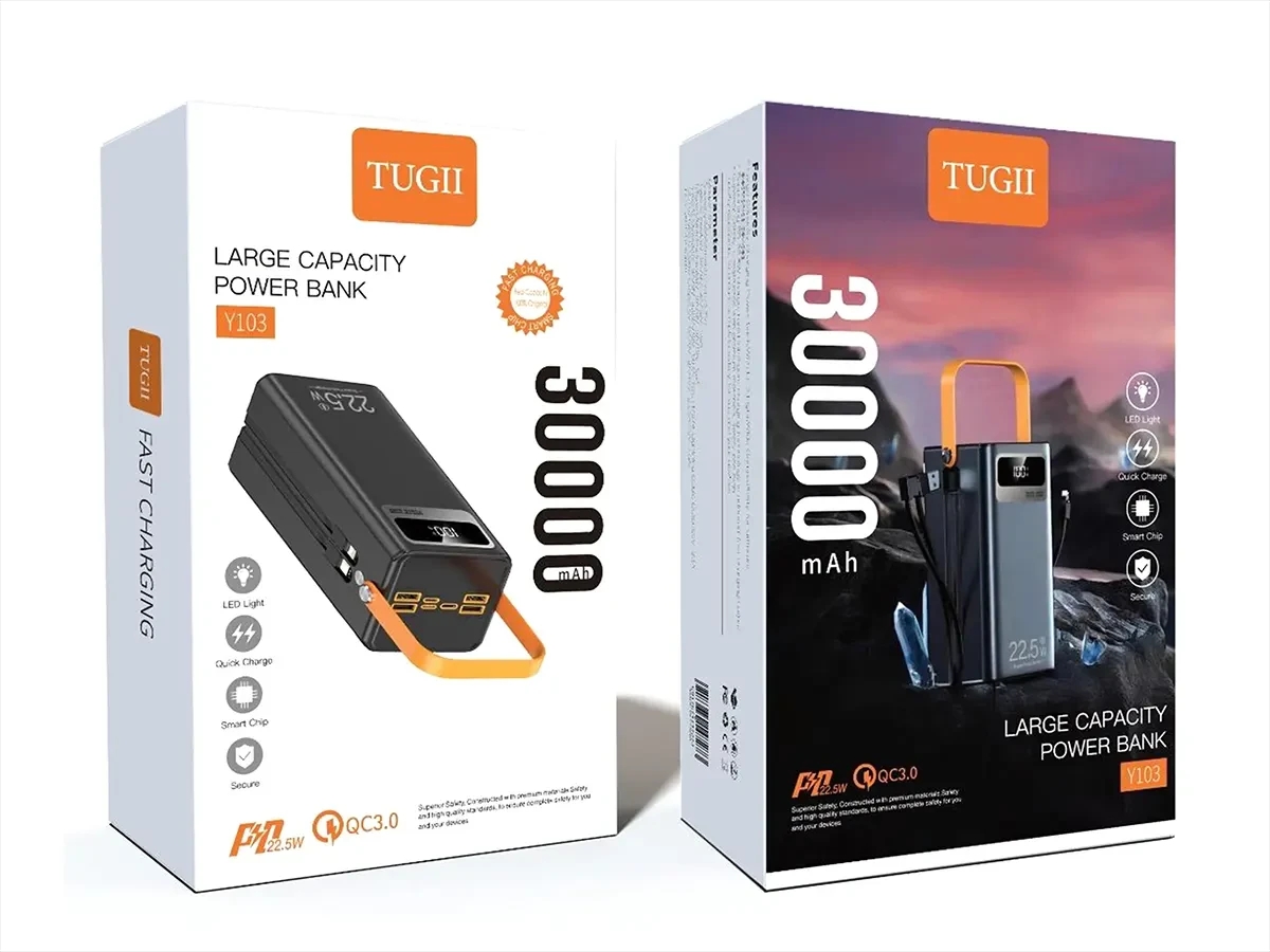 Power bank Повербанк TUGII-Y103 30000 мА·с LED-дисплеем и встроенными кабелями