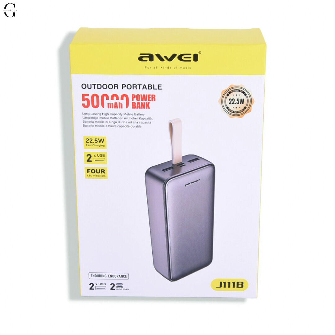Power Bank Awei J111B 50000mAh, быстрая зарядка 22.5W, USB-C, 2 USB выхода