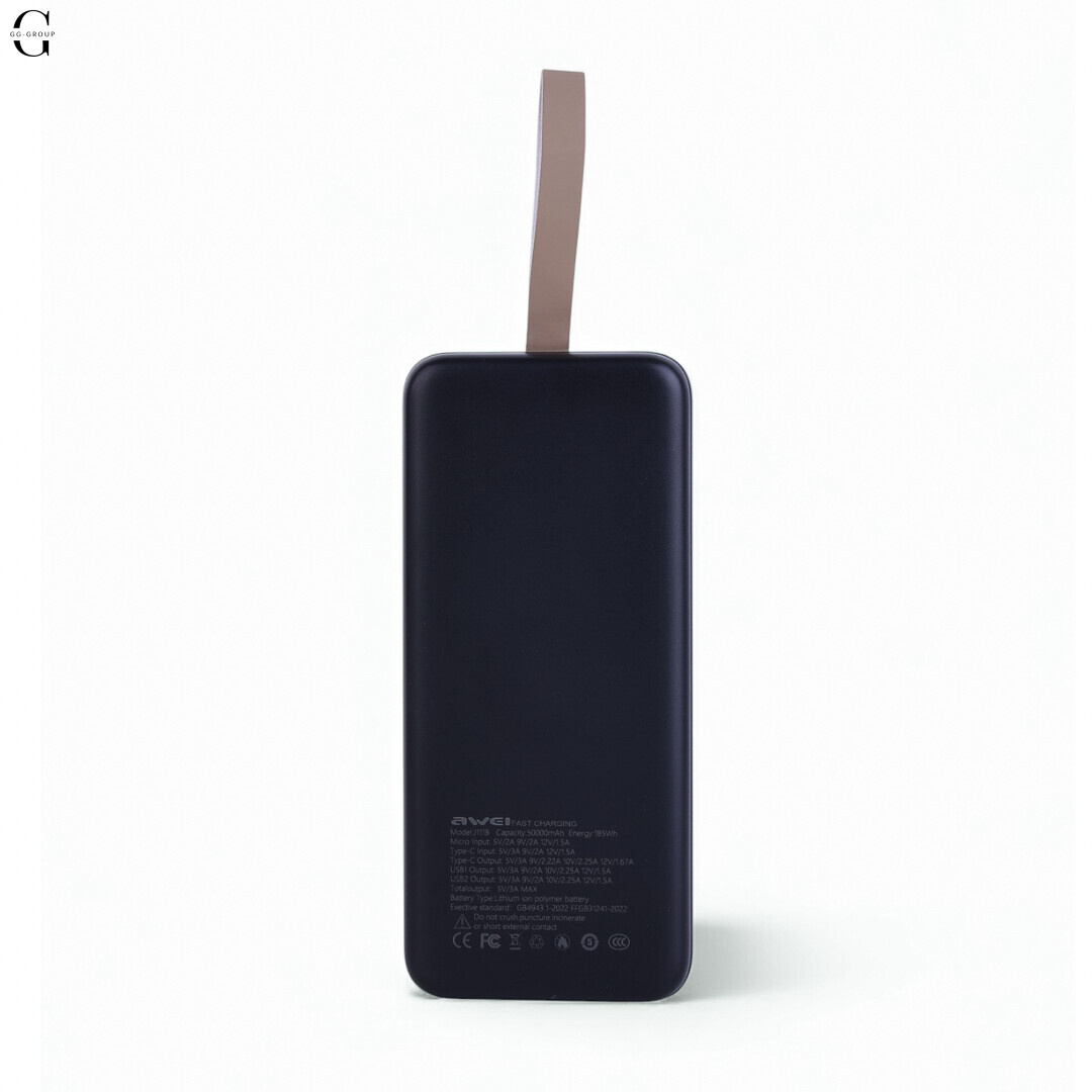 Power Bank Awei J111B 50000mAh, быстрая зарядка 22.5W, USB-C, 2 USB выхода