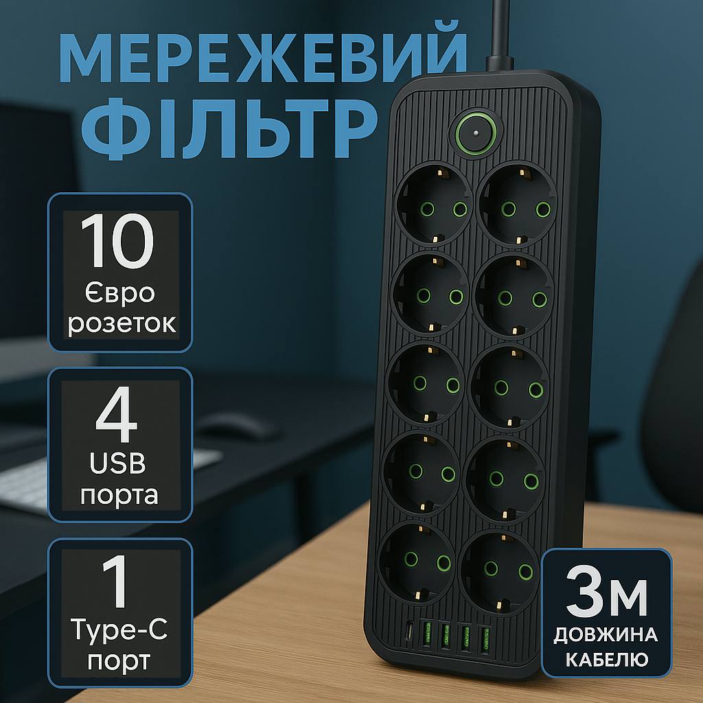Сетевой фильтр Удлинитель USB ТК-14 (10×220В+4×USB+1×Type-C), F26u, Черный, 3 м