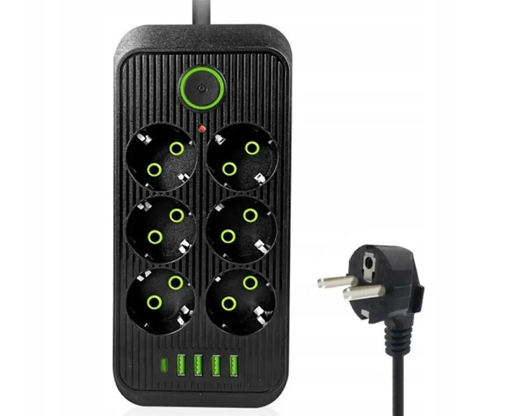 Удлинитель сетевой ТК-6 F06u 3м 6 розеток + 4 USB + 1 Type-C, 2500Вт, черный, с защитой и настенным креплением