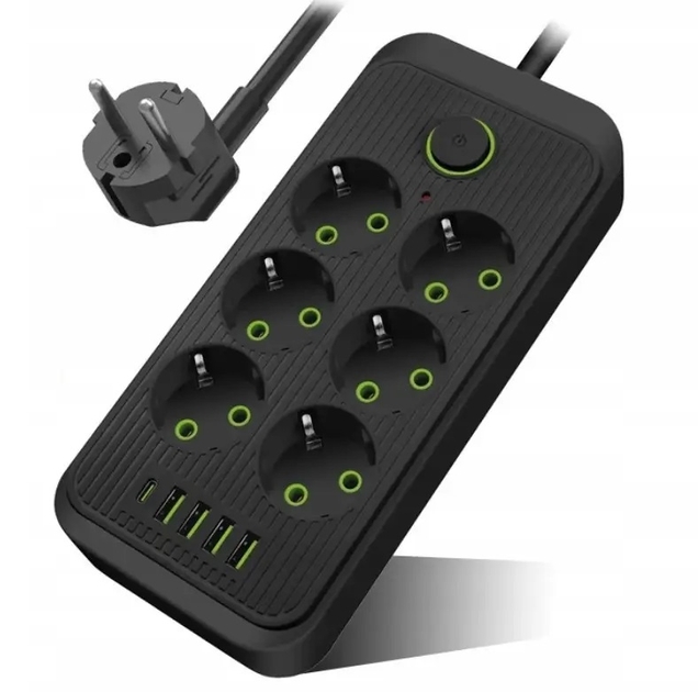 Удлинитель сетевой ТК-6 F06u 3м 6 розеток + 4 USB + 1 Type-C, 2500Вт, черный, с защитой и настенным креплением