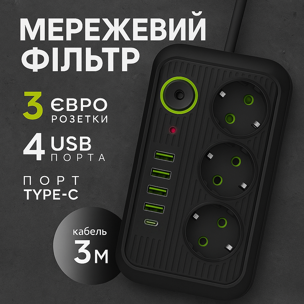 Сетевой фильтр Удлинитель с USB (3×220В+4×USB+1×Type-C), QL-1074U, Черный 3m