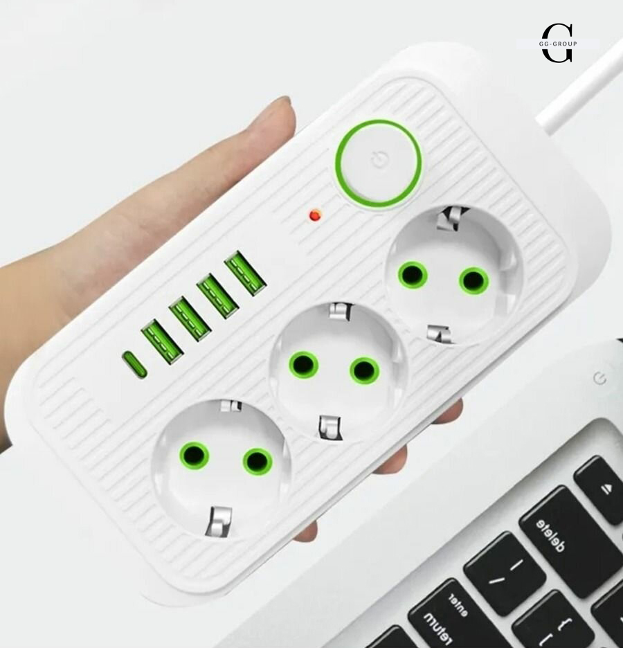 Сетевой фильтр Удлинитель с USB (3×220В+4×USB+1×Type-C), QL-1074U, Белый 3m