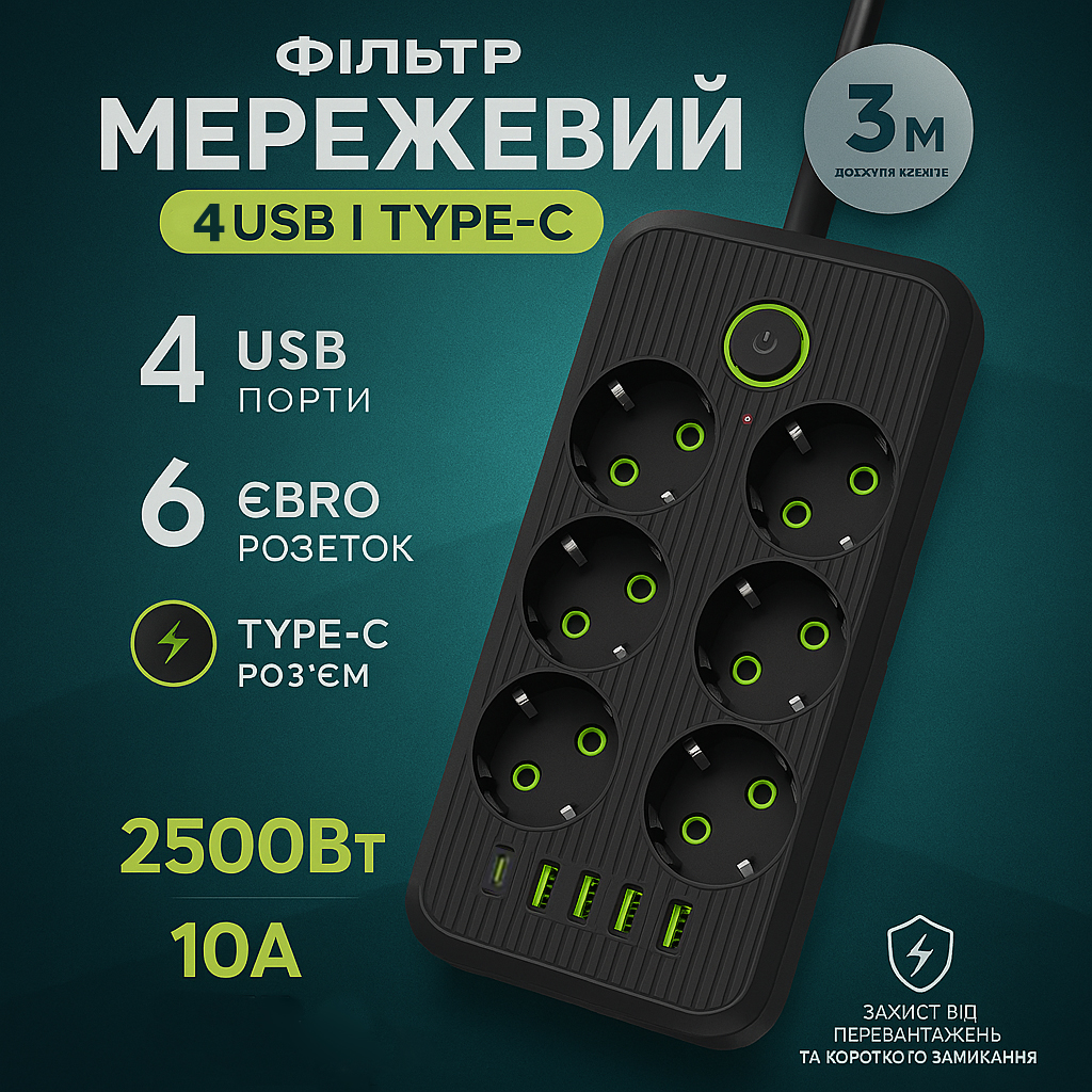 Удлинитель сетевой ТК-6 F06u 3м 6 розеток + 4 USB + 1 Type-C, 2500Вт, черный, с защитой и настенным креплением