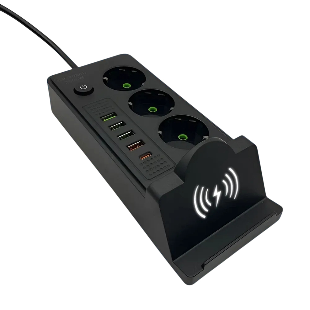 Сетевой фильтр Удлинитель USB с беспроводной зарядкой Тк-18 (3×220В+4×USB+1×Type-C), Черный, 3 м