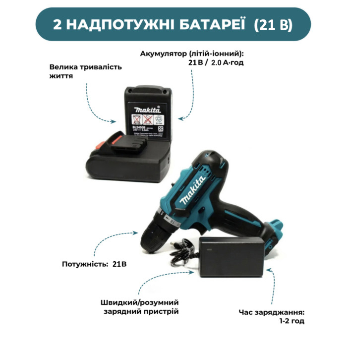 Шуруповерт Makita із двома аккумуляторами 21V + Браслет у подарунок