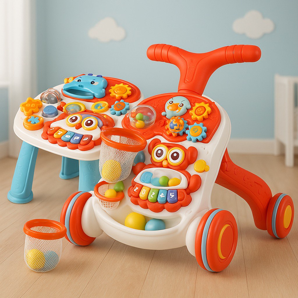 Детская каталка-ходунки 2в1 Limo Toy HB 0008 AB с баскетбольным кольцом, игровым столиком, бизибордом и музыкальным пианино