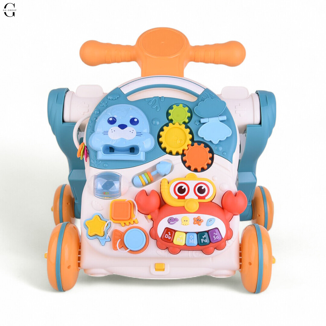 Детская каталка-ходунки 4в1 HUANGER HE0826-27: толокар, самокат, игровой столик с бизибордом и баскетбольным кольцом, музыкальные и световые эффекты
