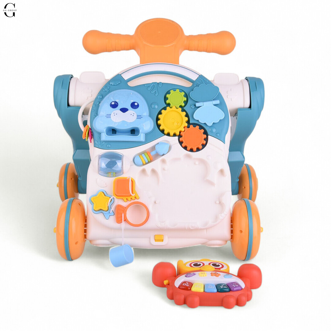 Детская каталка-ходунки 4в1 HUANGER HE0826-27: толокар, самокат, игровой столик с бизибордом и баскетбольным кольцом, музыкальные и световые эффекты