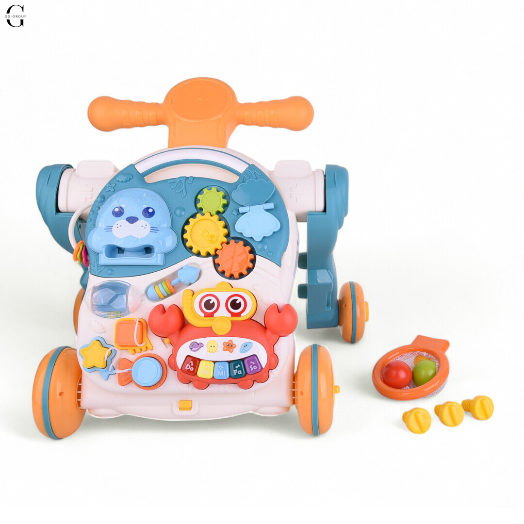 Детская каталка-ходунки 4в1 HUANGER HE0826-27: толокар, самокат, игровой столик с бизибордом и баскетбольным кольцом, музыкальные и световые эффекты