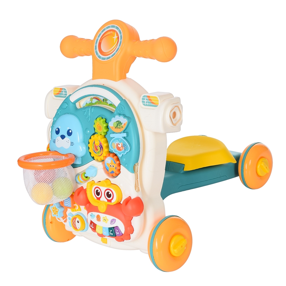 Детская каталка-ходунки 4в1 HUANGER HE0826-27: толокар, самокат, игровой столик с бизибордом и баскетбольным кольцом, музыкальные и световые эффекты