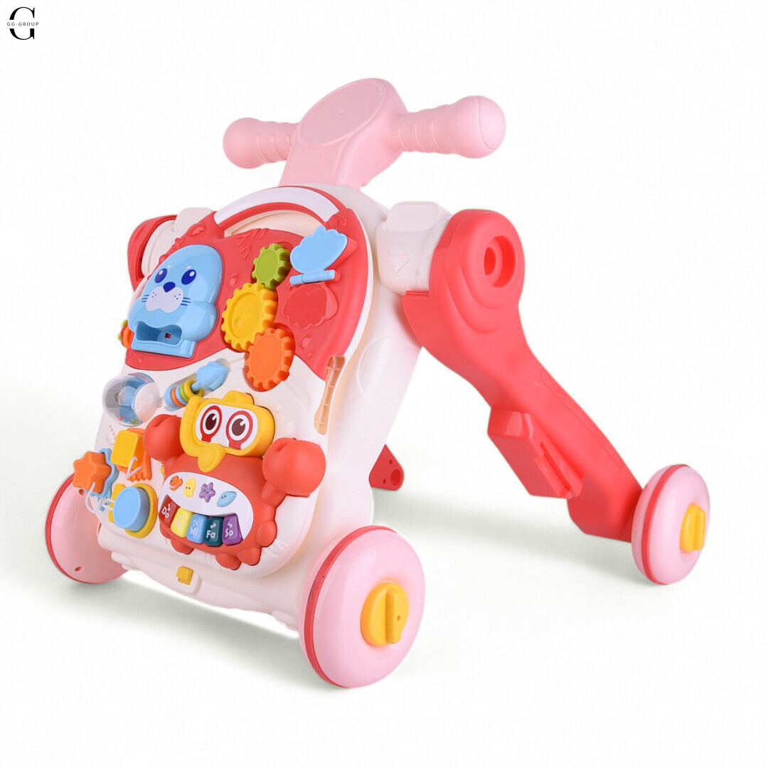 Детская каталка-ходунки 4в1 HUANGER HE0826-27: толокар, самокат, игровой столик с бизибордом и баскетбольным кольцом, музыкальные и световые эффекты