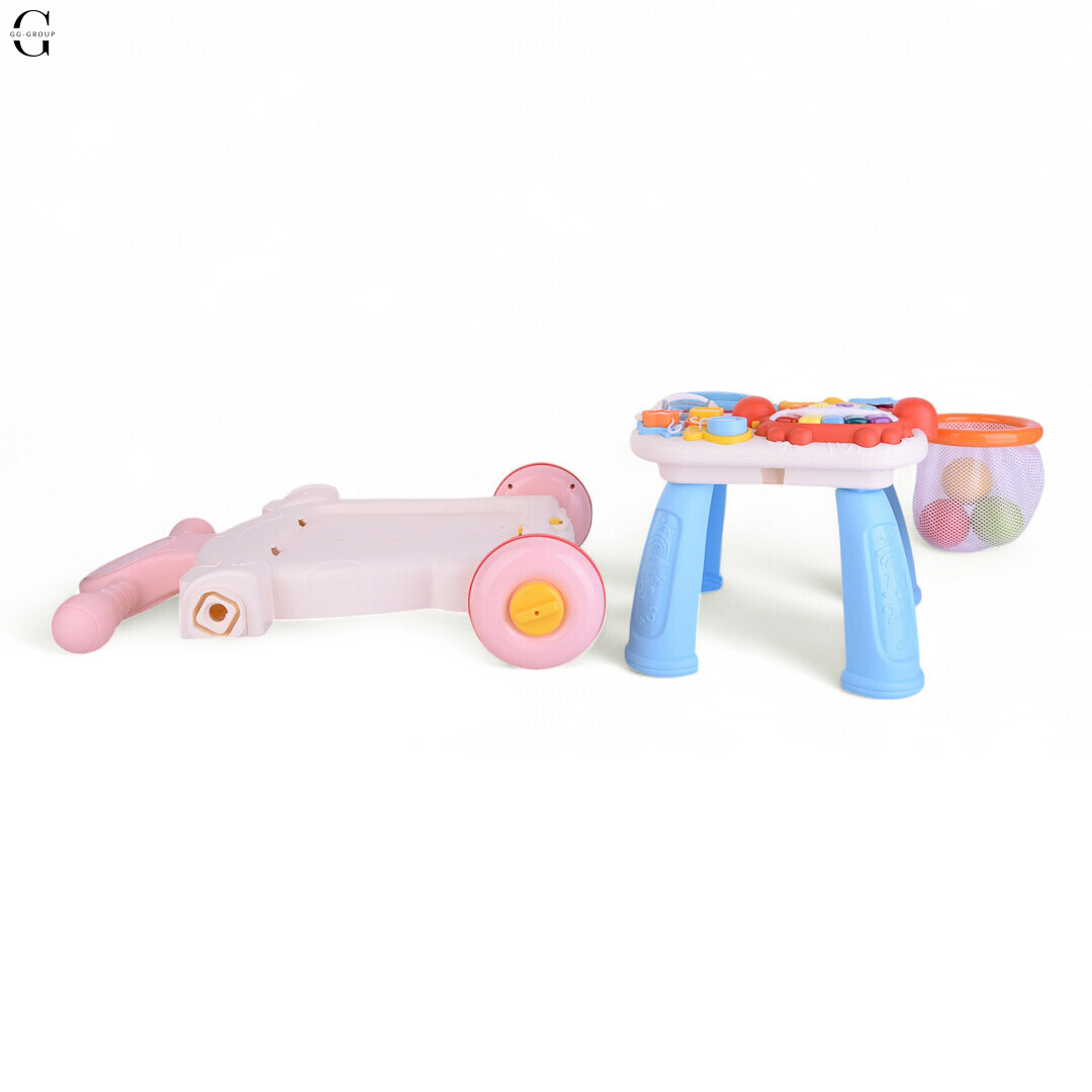 Детская каталка-ходунки 4в1 HUANGER HE0826-27: толокар, самокат, игровой столик с бизибордом и баскетбольным кольцом, музыкальные и световые эффекты