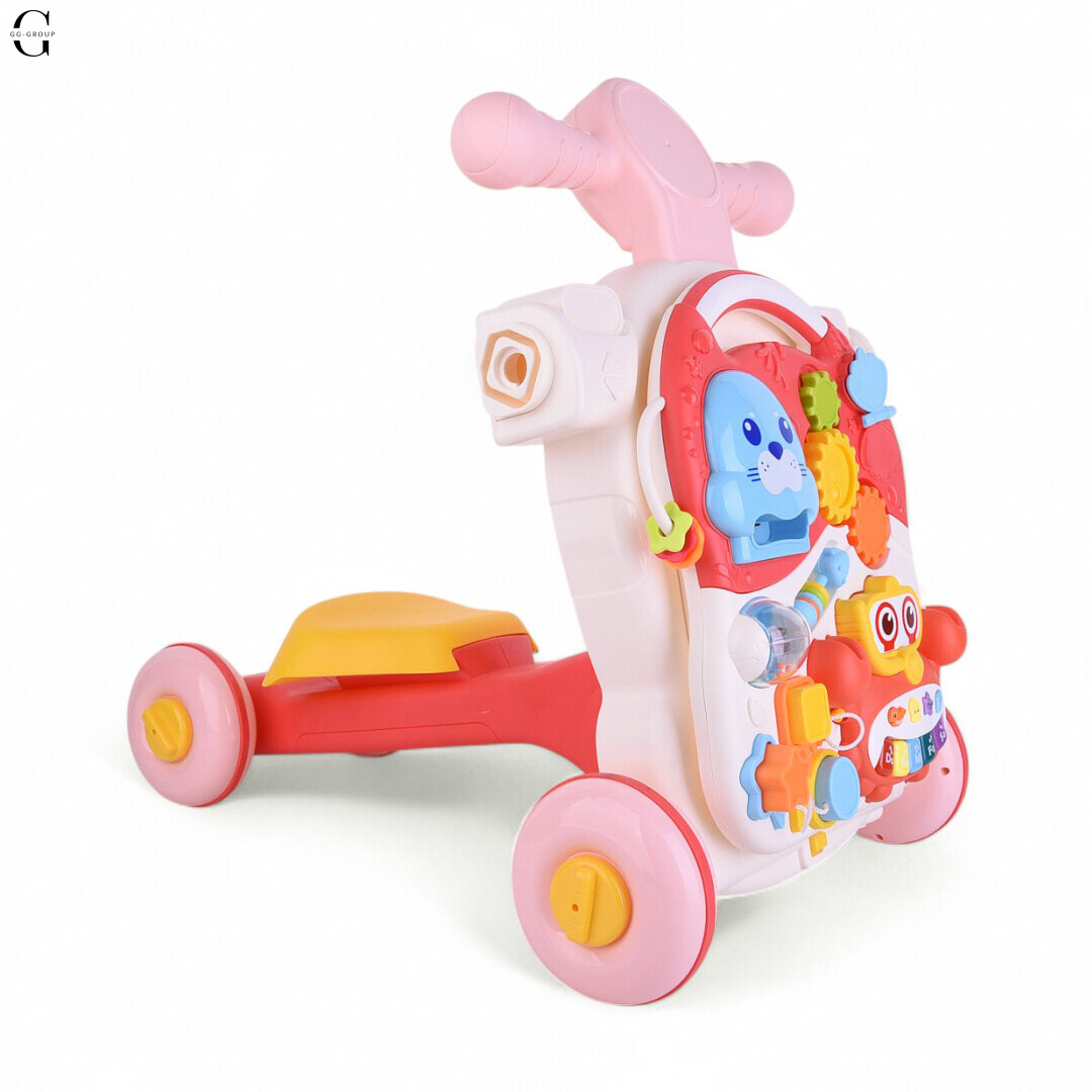 Детская каталка-ходунки 4в1 HUANGER HE0826-27: толокар, самокат, игровой столик с бизибордом и баскетбольным кольцом, музыкальные и световые эффекты