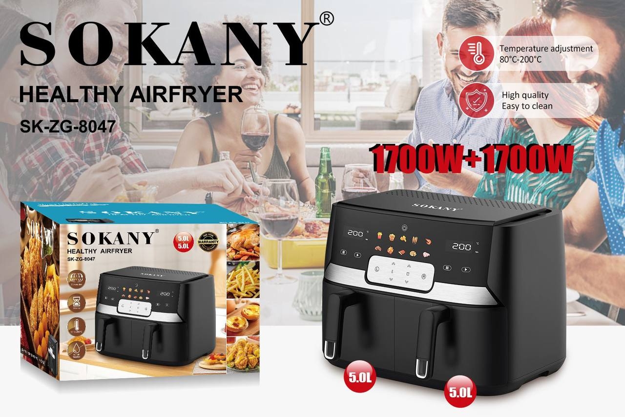 Двухкамерная аэрофритюрница Sokany SK-ZG-8047, 3400 Вт, 5+5 л, сенсорное управление